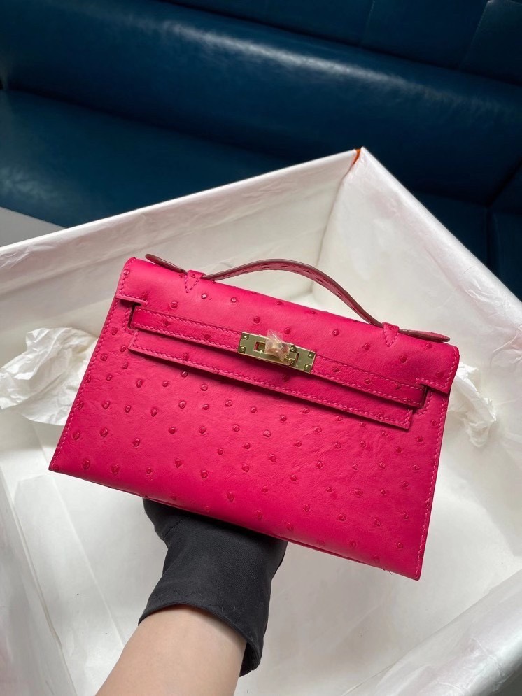 Hermes Mini Kelly Pochette 22cm Bag In Rose Red Ostrich Leather